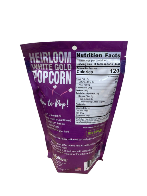 White gold popcorn bag back panel with Nutrition Facts and ingredients text