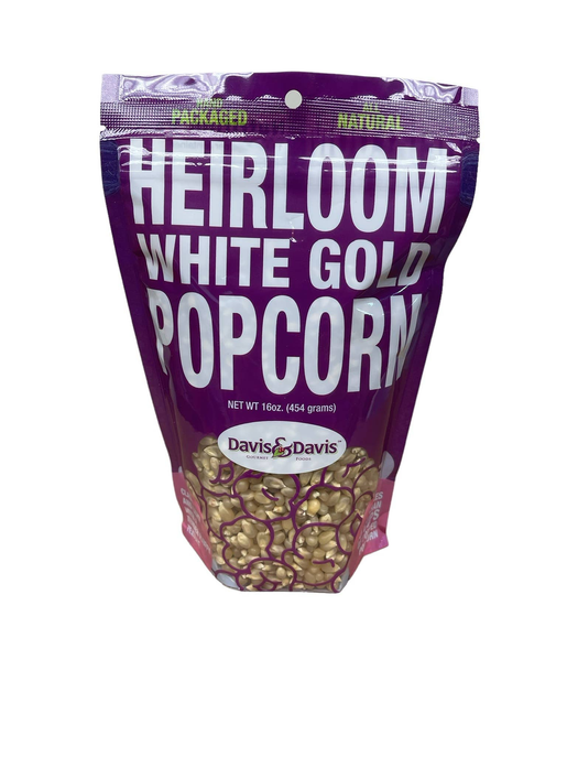 White gold popcorn bag, front label "Heirloom White Gold" with Davis & Davis