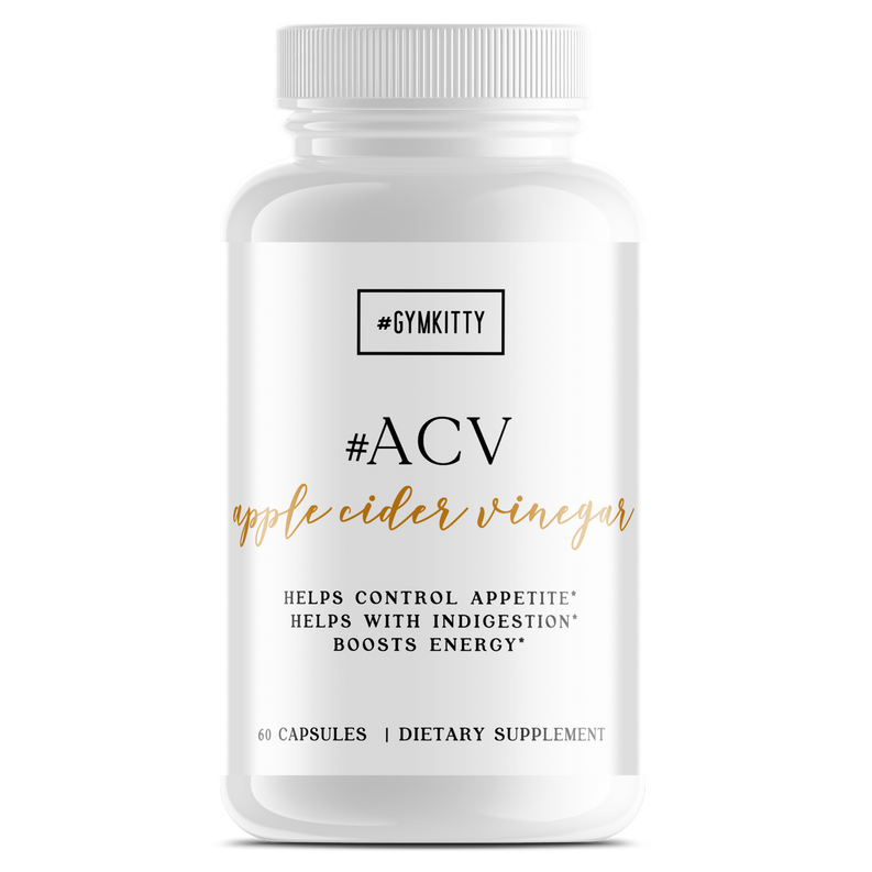 Apple cider vinegar supplement bottle with white cap and #ACV label