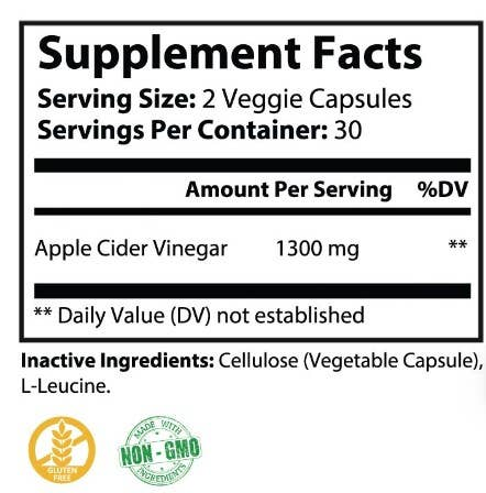 Supplement Facts label listing apple cider vinegar 1300 mg per serving