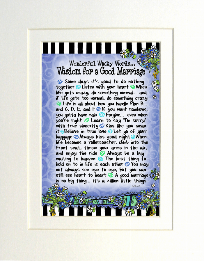 Framed word art print with blue quote text, black-white striped edges, floral corners