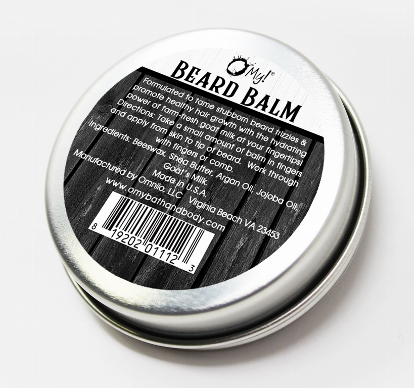 Beard balm tin lid with black-and-white label and barcode, 2 oz