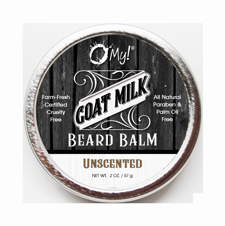 Beard balm tin lid labeled Goat Milk and Unscented, 2 oz metal tin