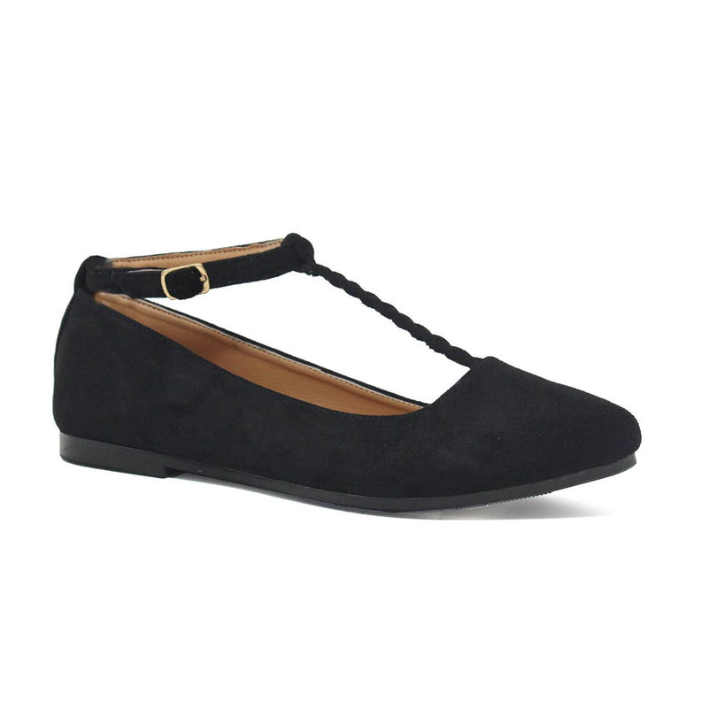 Women's black t-strap ballet flats with buckle and braided ankle strap