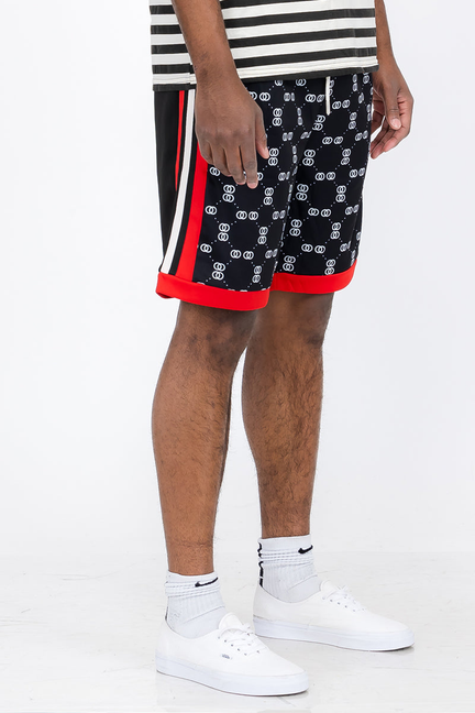 Black shorts with repeating linked pattern, red side trim, elastic waistband