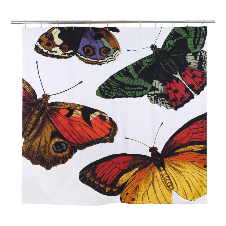 Butterfly shower curtain close-up, bright moth graphics on white with top rod and hooks