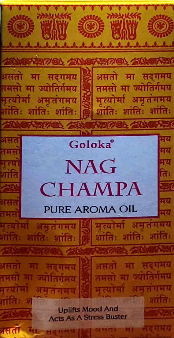 Goloka Nag Champa pure aroma oil label on patterned box