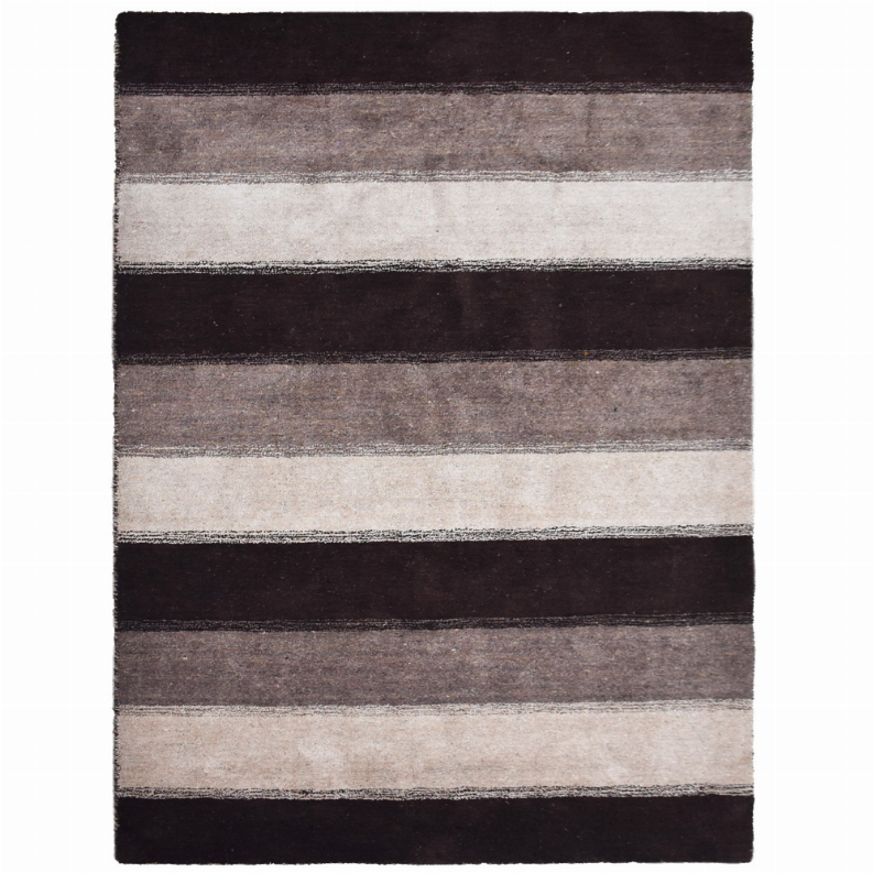 Hand-knotted area rug with horizontal striped pattern in dark brown and beige