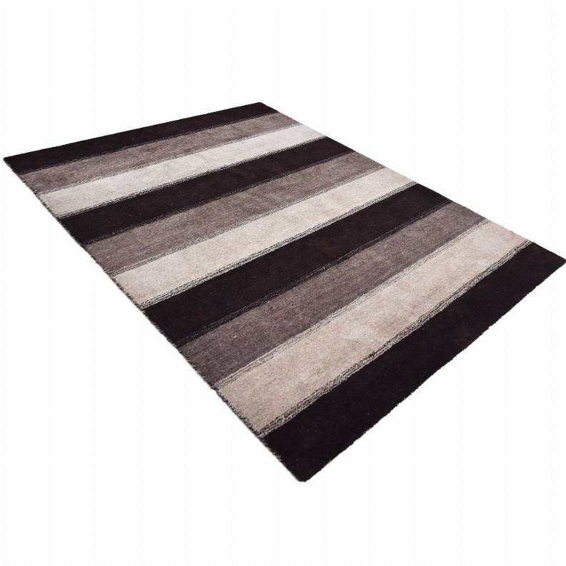 Hand-knotted area rug with wide horizontal stripes in dark brown and light taupe