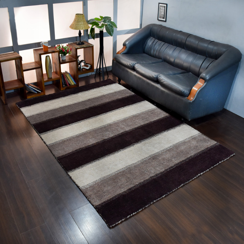 Contemporary hand-knotted area rug with wide horizontal stripes in dark brown and light gray