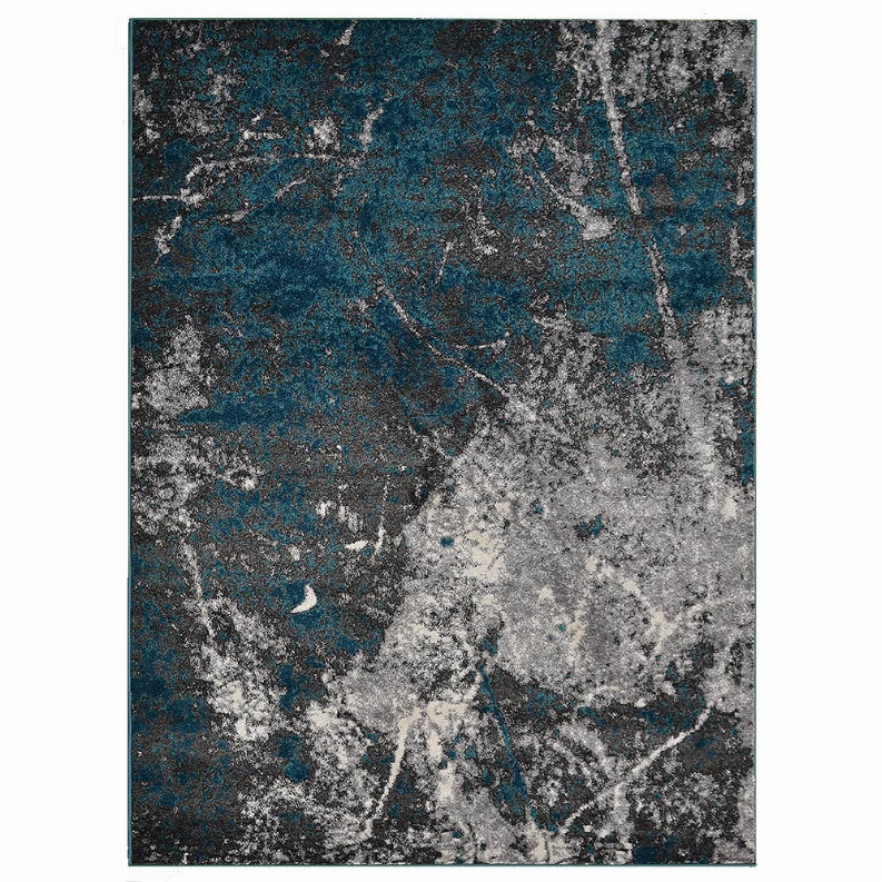 Rectangular area rug with teal and gray distressed abstract pattern