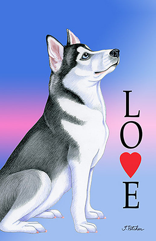 Siberian Husky summer garden flag with 'LOVE' and red heart