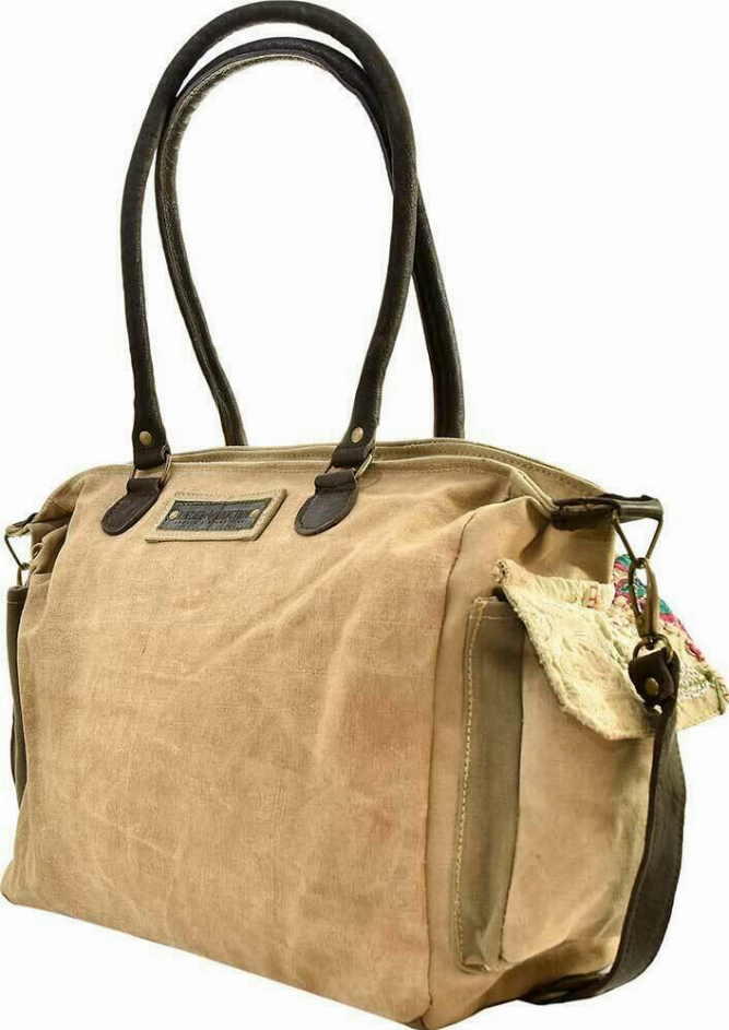 Recycled military tent shoulder bag with top handles, front label patch, and hanging key loop