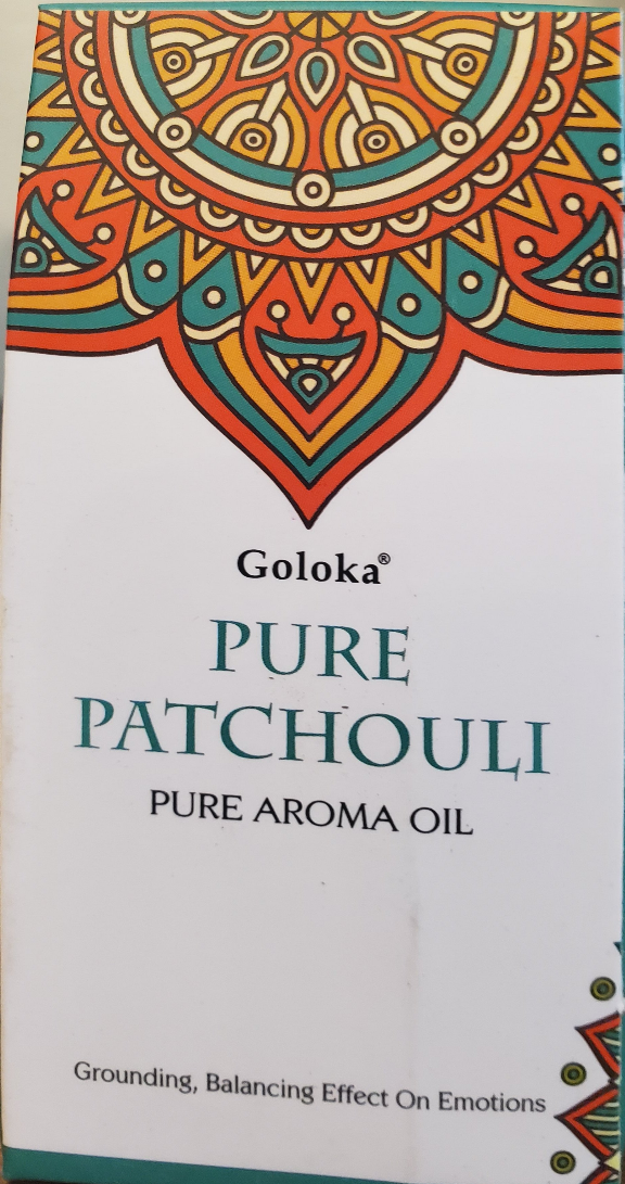 Goloka Pure Patchouli pure aroma oil bottle, brown glass container with white ribbed cap.
