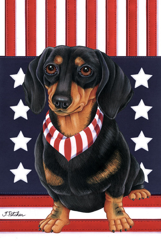 Garden flag featuring a black and tan dog wearing a red and white striped bandana