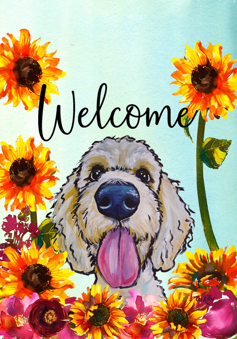 Great Dane garden flag featuring smiling dog, 'Welcome' text, and orange flowers