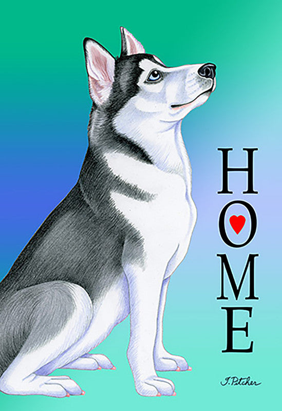 Black and white Siberian husky garden flag with 'HOME' text and heart icon