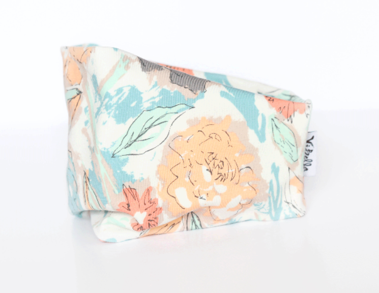Painted flowers fabric headband, teal and peach floral print with elastic back