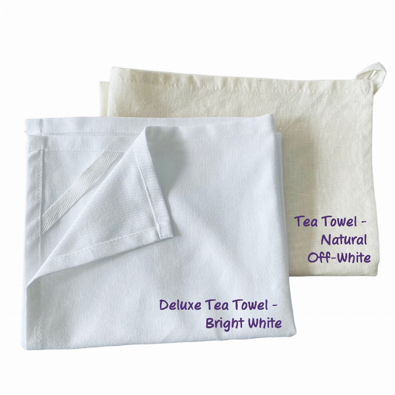 Deluxe tea towels with loops, off-white and bright white folded set