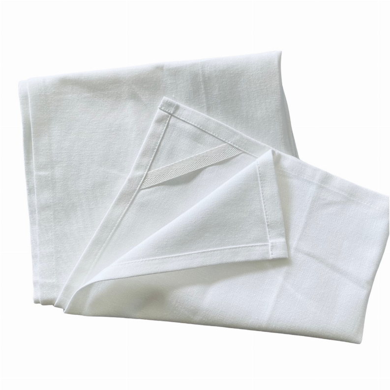 Deluxe tea towel with loop, bright white folded stack close view