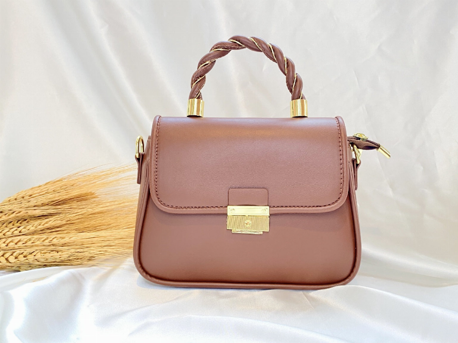 Brown mini flap crossbody bag with braided top handles and gold clasp