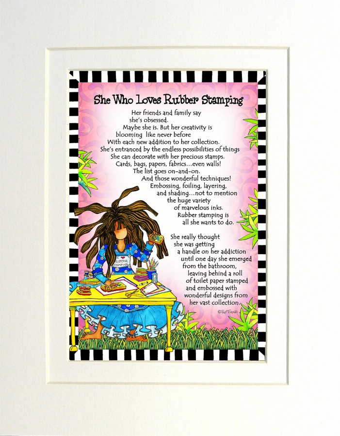 Framed colorful illustration print with cartoon woman, green grass border, and poem text