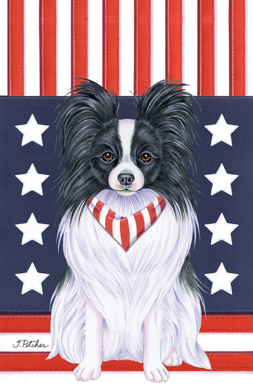Patriot garden flag with black-and-white Papillon dog, stars, and red striped bandana