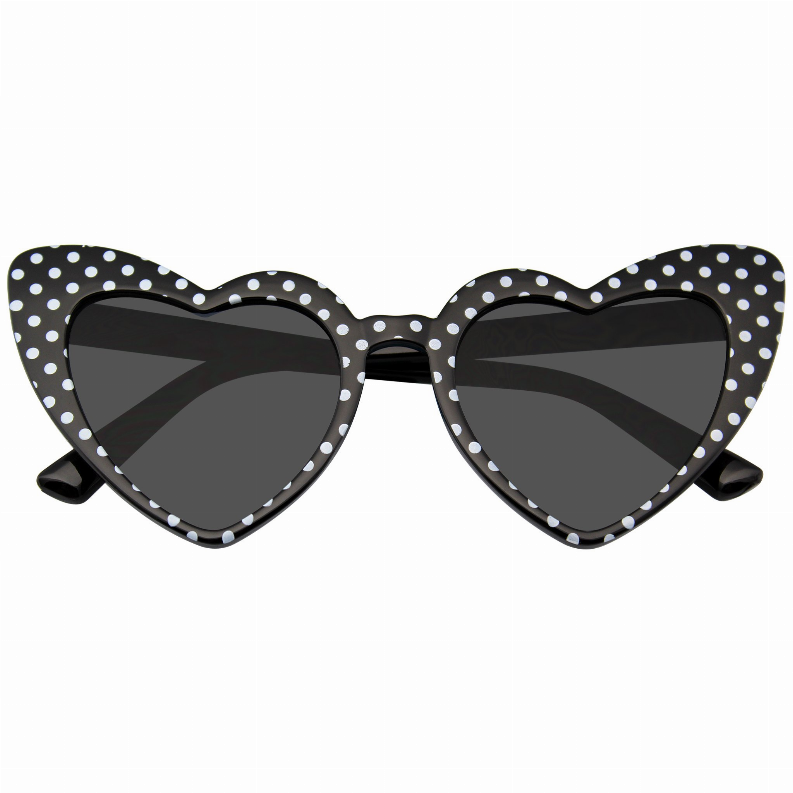 Black heart-shaped cat-eye sunglasses with white polka-dot frames and dark lenses