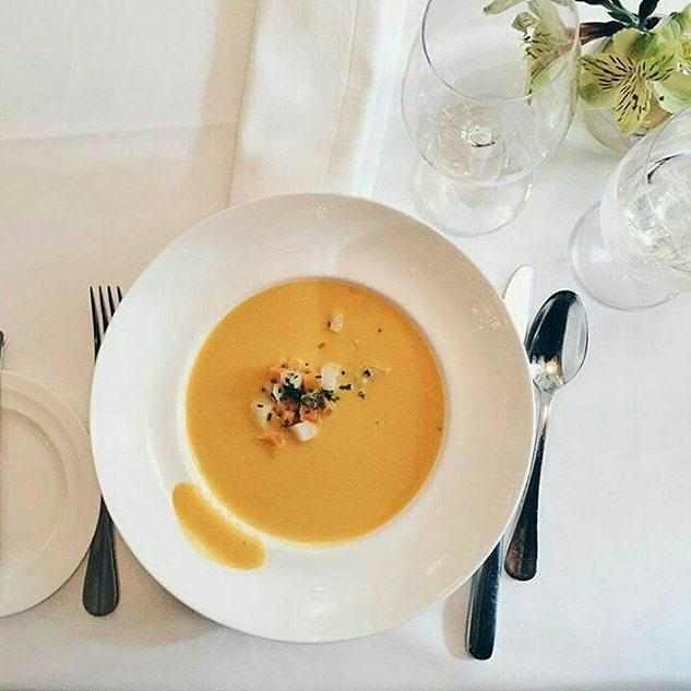 White deep plate filled with creamy soup and herb garnish