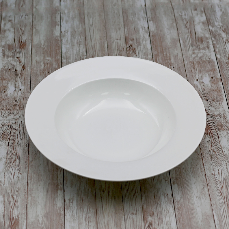 White deep plate, 11 in round empty bowl with glossy interior