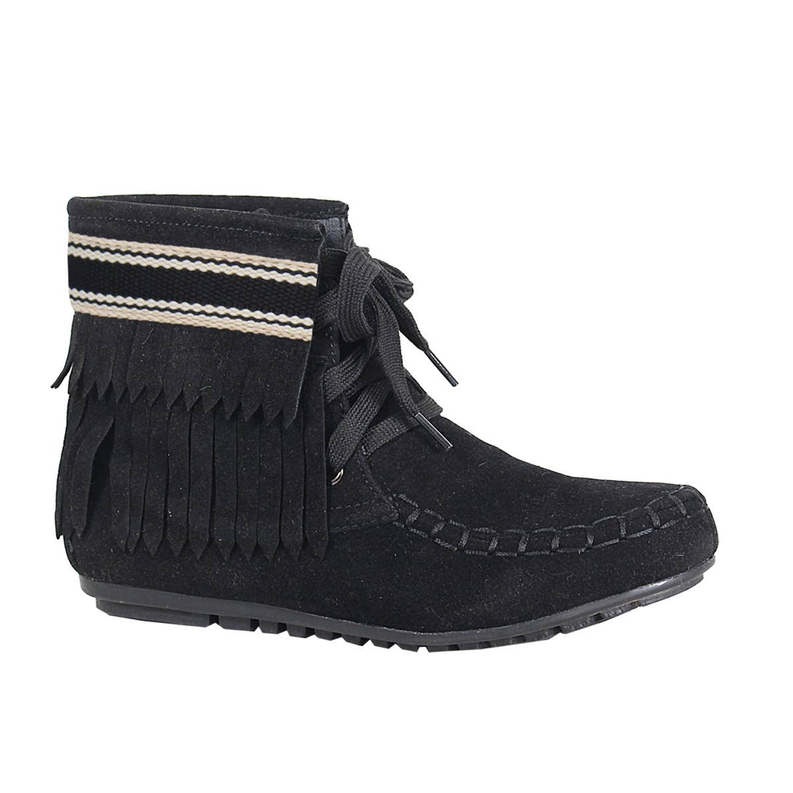 Black women's layered fringe ankle booties with striped cuff and lace ties