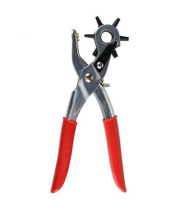 Heavy-duty leather hole puncher with red grips and black punch head