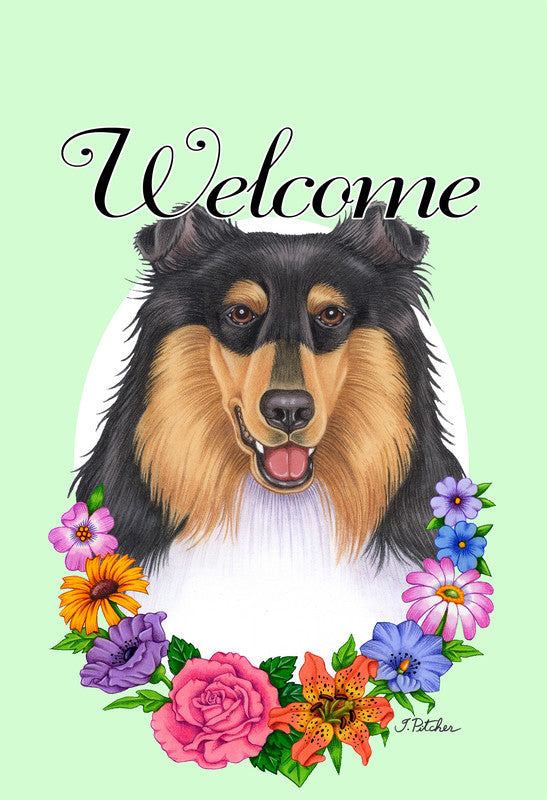 Collie Tri - Best of Breed Welcome Flowers Garden Flag - 1 / Garden 12" x 17" - Outdoor's
