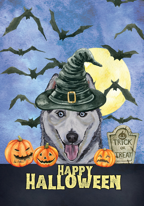 Halloween garden flag with Siberian husky in witch hat, pumpkins, bats, and Happy Halloween text.