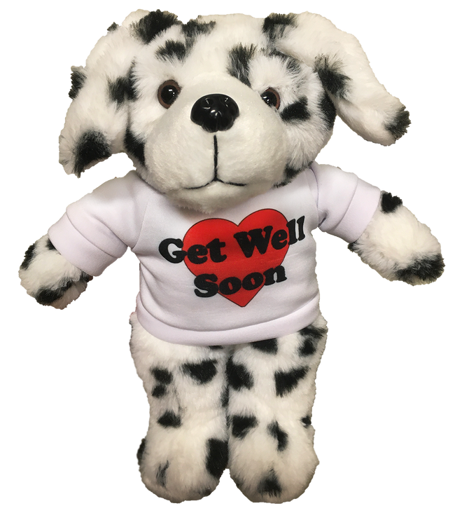 Dalmatian plush stuffed animal with white 'Get Well Soon' shirt