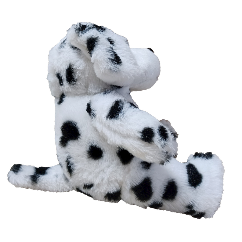 Dalmatian plush stuffed animal lying on side, black-and-white spots