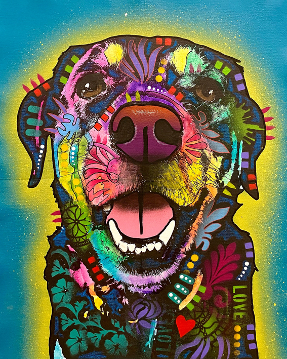 Decorative dog head house flag with colorful neon-style Labrador Retriever artwork