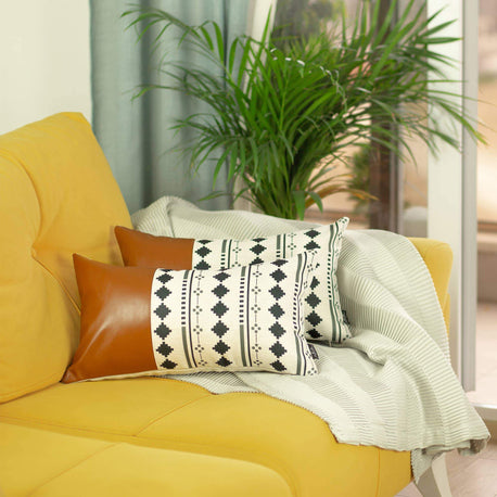 Bohemian Vegan Faux Leather Throw Pillow Set - Brown / Set of 2 / 12"x20" - Pillows