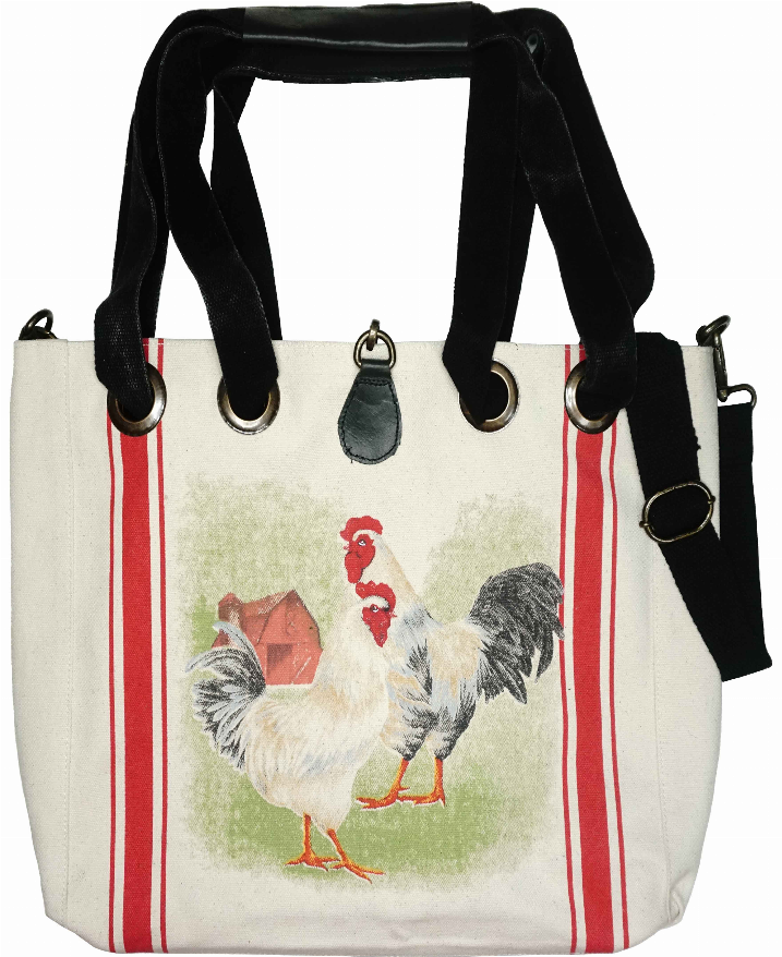 Natural canvas tote bag with rooster and farmer graphic, red trim stripes, black straps