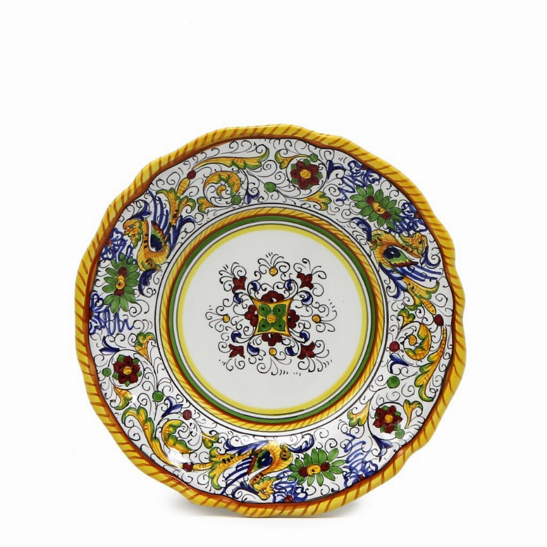 Decorative ceramic bread plate, white center with blue-green floral peacock rim