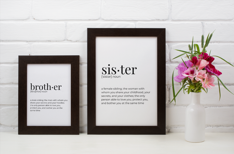 Framed wall art prints with typographic "broth-er" and "sis-ter" quotes