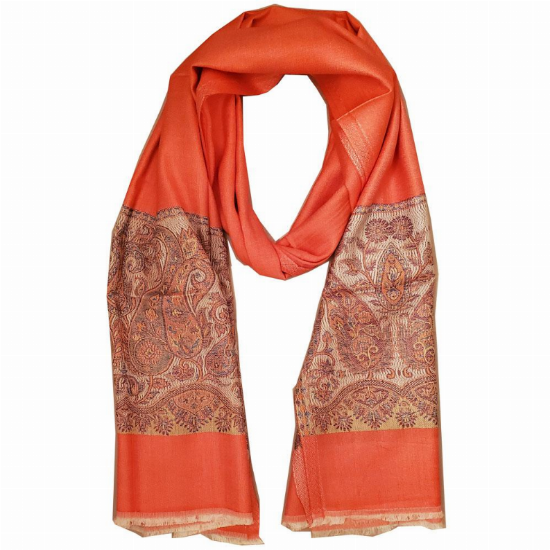 Orange reversible scarf with paisley print panels and tan-brown edging