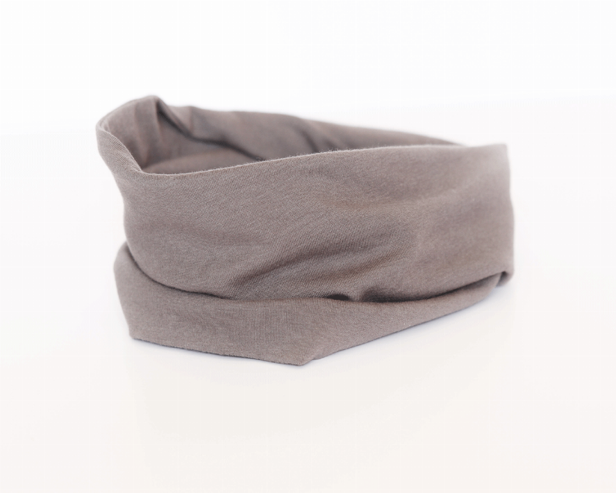 Charcoal knit headband with wide folded band and smooth seam