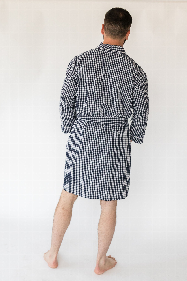 Men's navy gingham robe, back view with tied belt at waist and knee-length cut