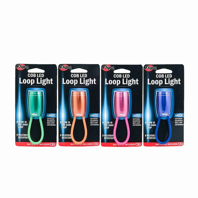 Assorted COB LED loop light blister packs in blue, green, pink, and orange