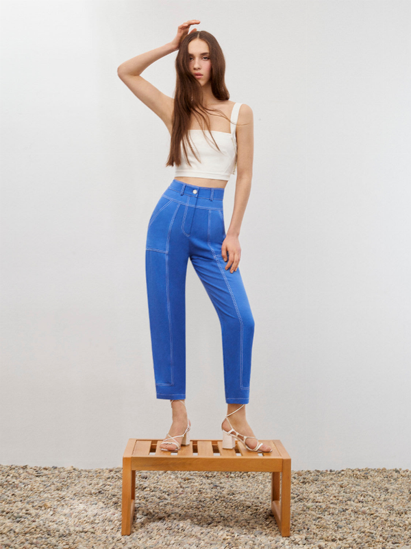 Royal blue linen carrot pants, high-rise cropped ankle, contrast stitching, front button