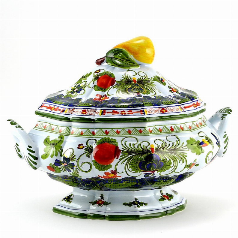 FAENZA-CARNATION soup tureen, white ceramic with colorful floral lid and finial