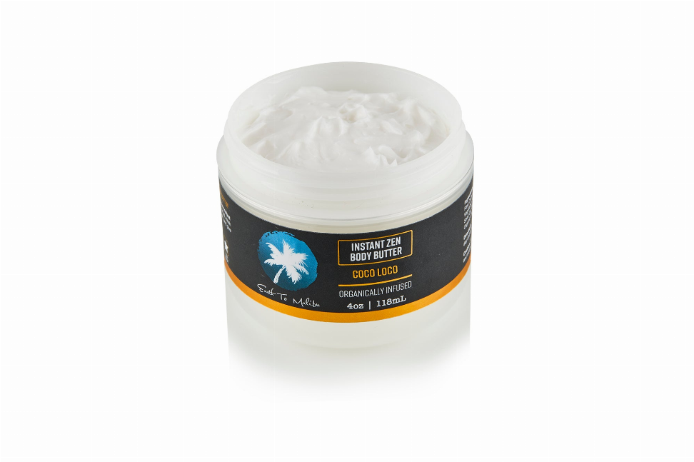 Instant body butter jar filled with white cream, white lid, orange-banded label