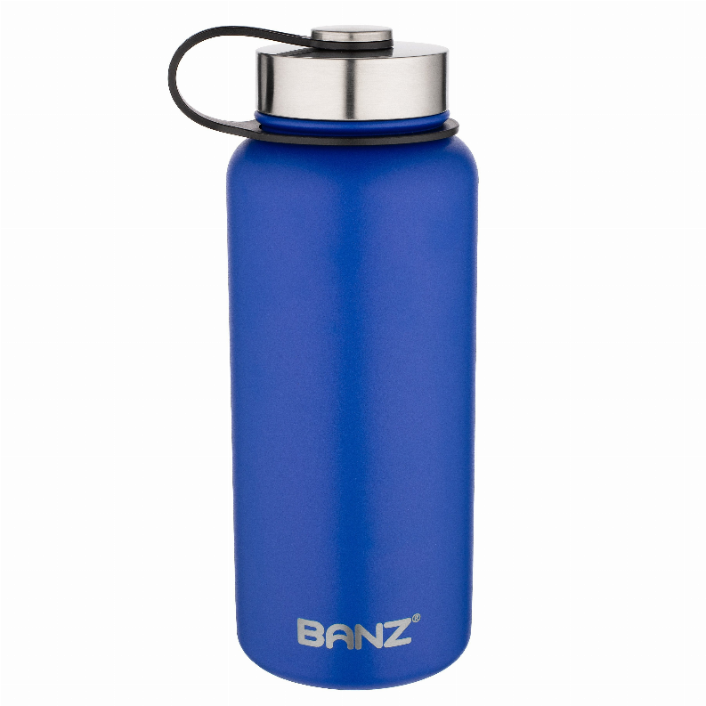 Blue stainless water bottle with metal lid and carrying loop, BANZ branding