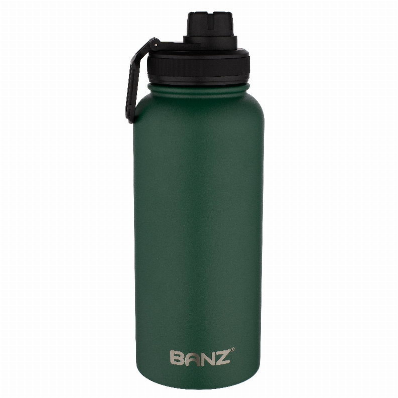 Dark green water bottle with black lid and carrying strap, metal rim, BANZ logo